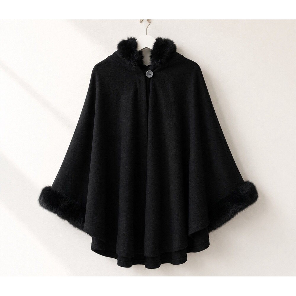 Classic Black Wool Hooded Cape Faux Fur Trim Winter Poncho Plus Vintage